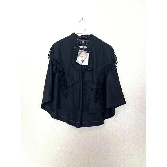 Burberry Raynefield Military Black Cape Womens Size S/M Wool Blend Fringe - Picture 3 of 16